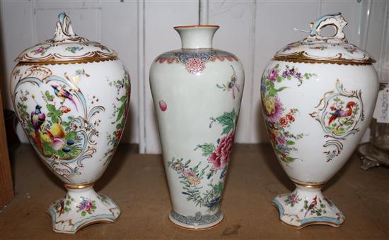 Pair Continental lidded vases & 1 other